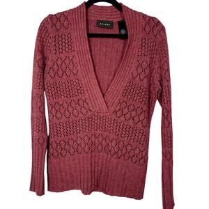 Axcess, Size Medium, Maroon Red Sweater, Open Knit V-Neck, Cozy, Ramie, EUC